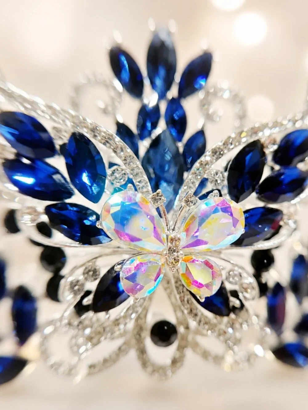 Navy Blue Crystal Butterfly Tiara Crown Silver Beauty Pageant Bridal Prom crown